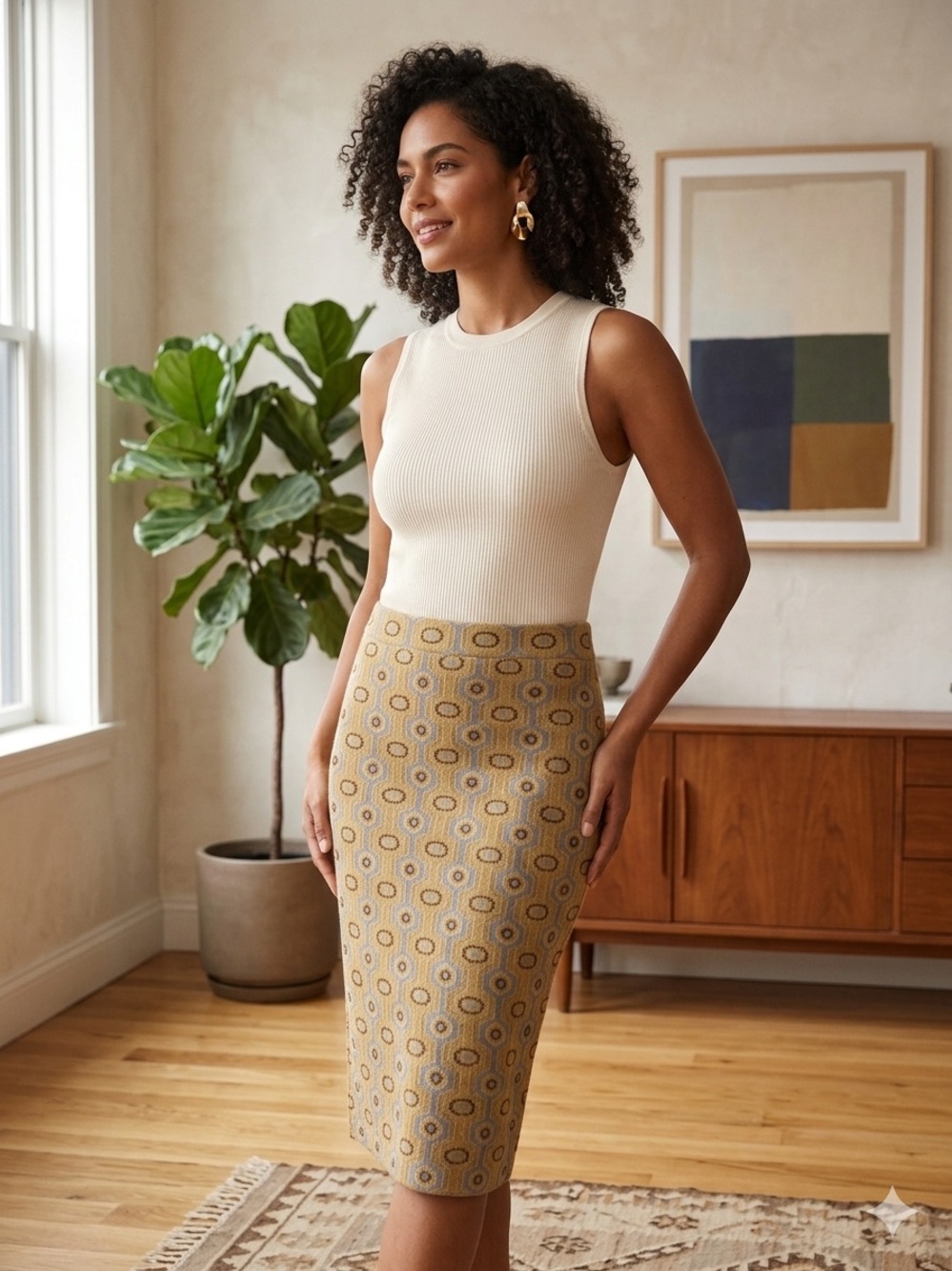 Zara Cream Ribbed Tank with Mustard Patterned‎ Pencil Skirt